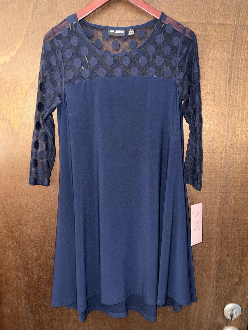 Nina Leonard Small navy Jersey Knit Lacey detail dress / NEW